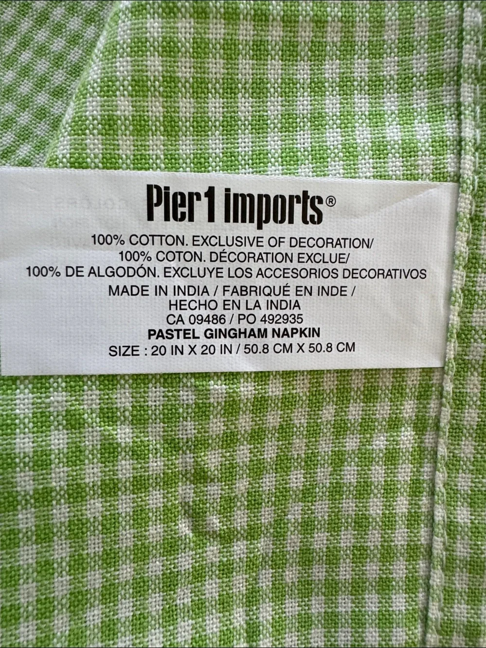 Pier 1 napkin set of 4. Gingham print Pink, Yellow, Green, Purple NWOT